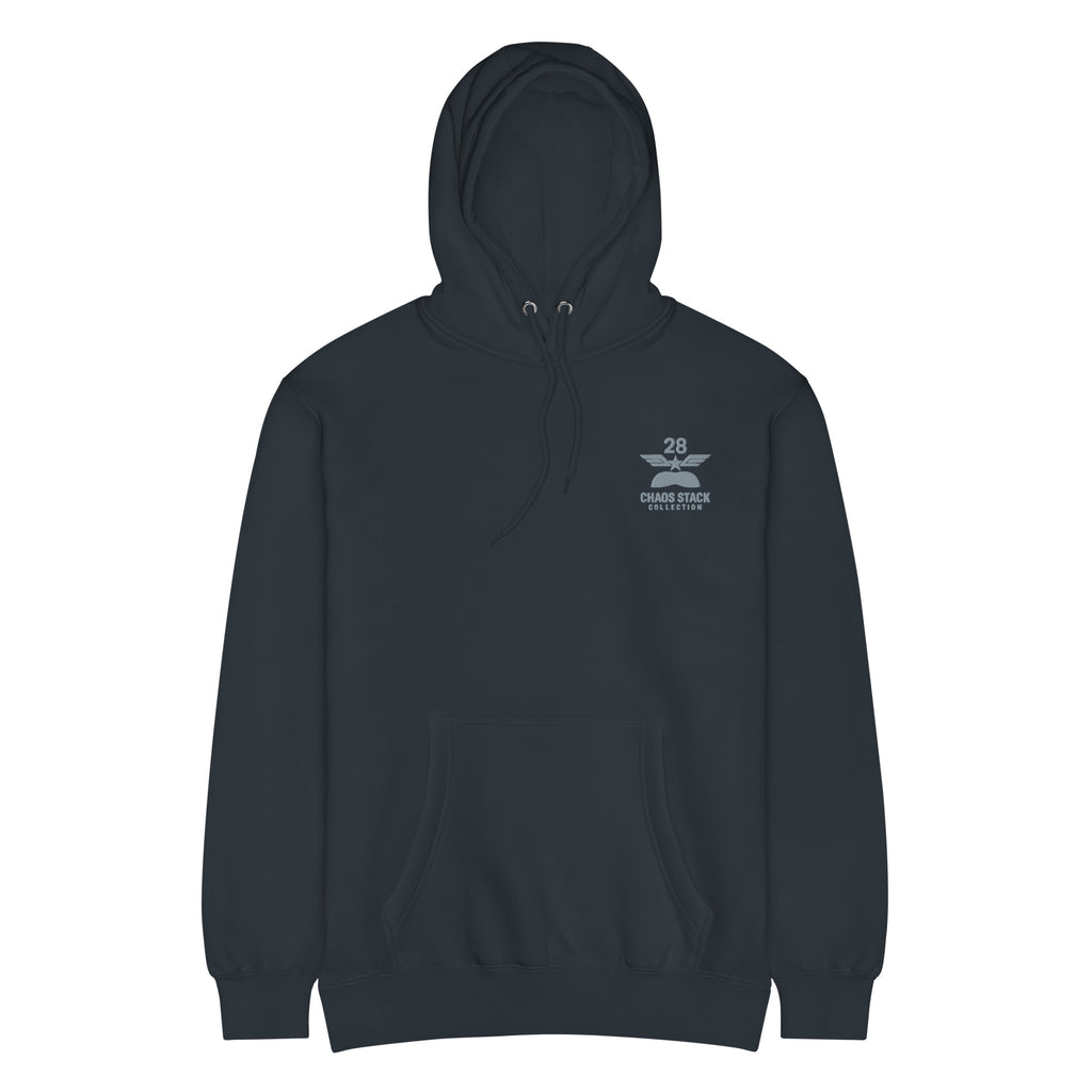 Navy blue hoodie with a logo on the chest against a white background
