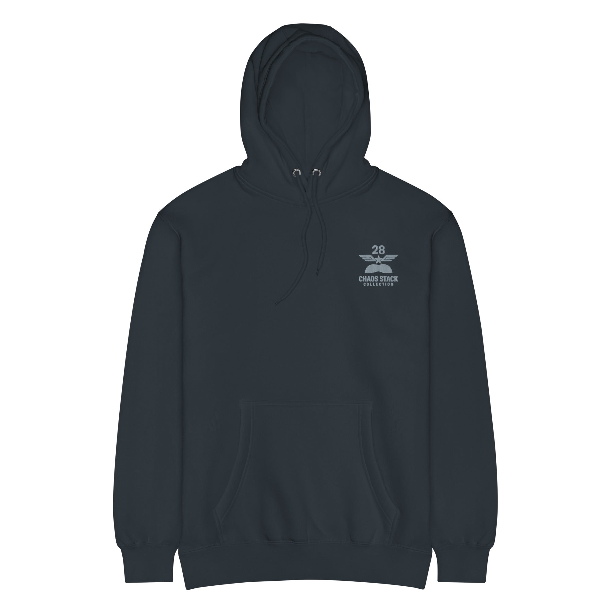 Navy blue hoodie with a logo on the chest against a white background