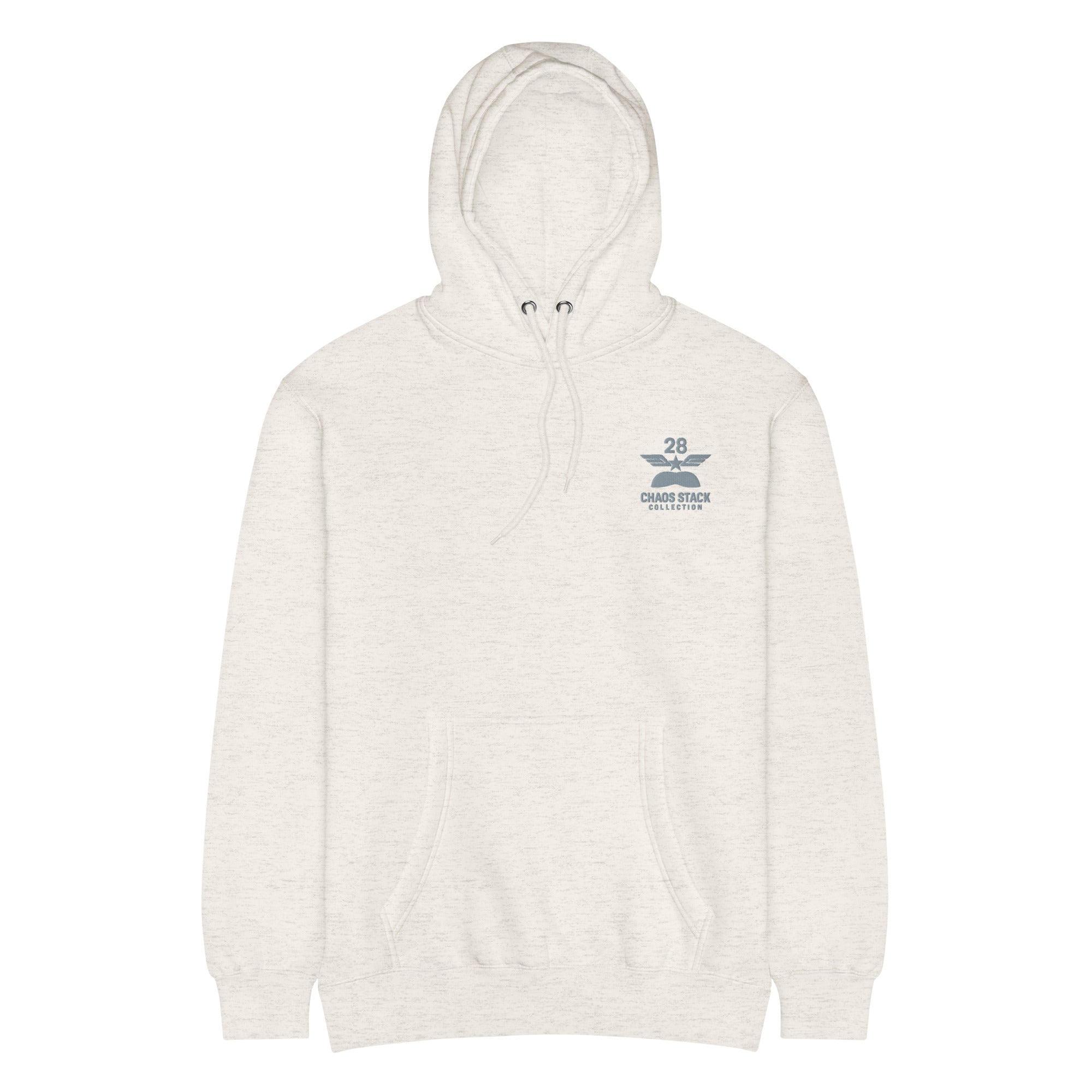 White hoodie with a small logo on the chest against a white background