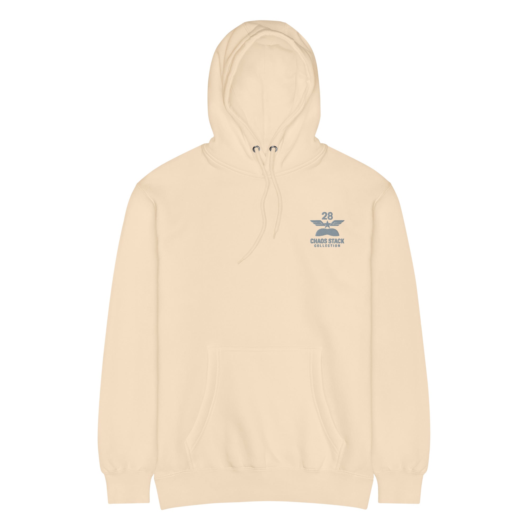 Beige hoodie with a logo on the chest against a white background