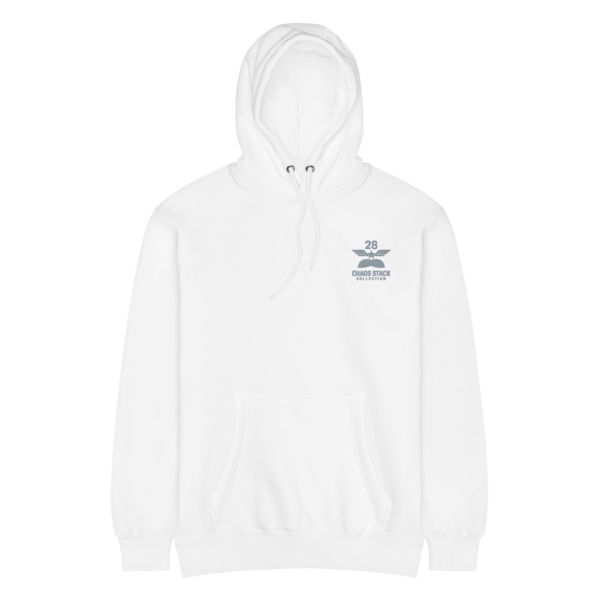 White hoodie with a small logo on the chest against a white background