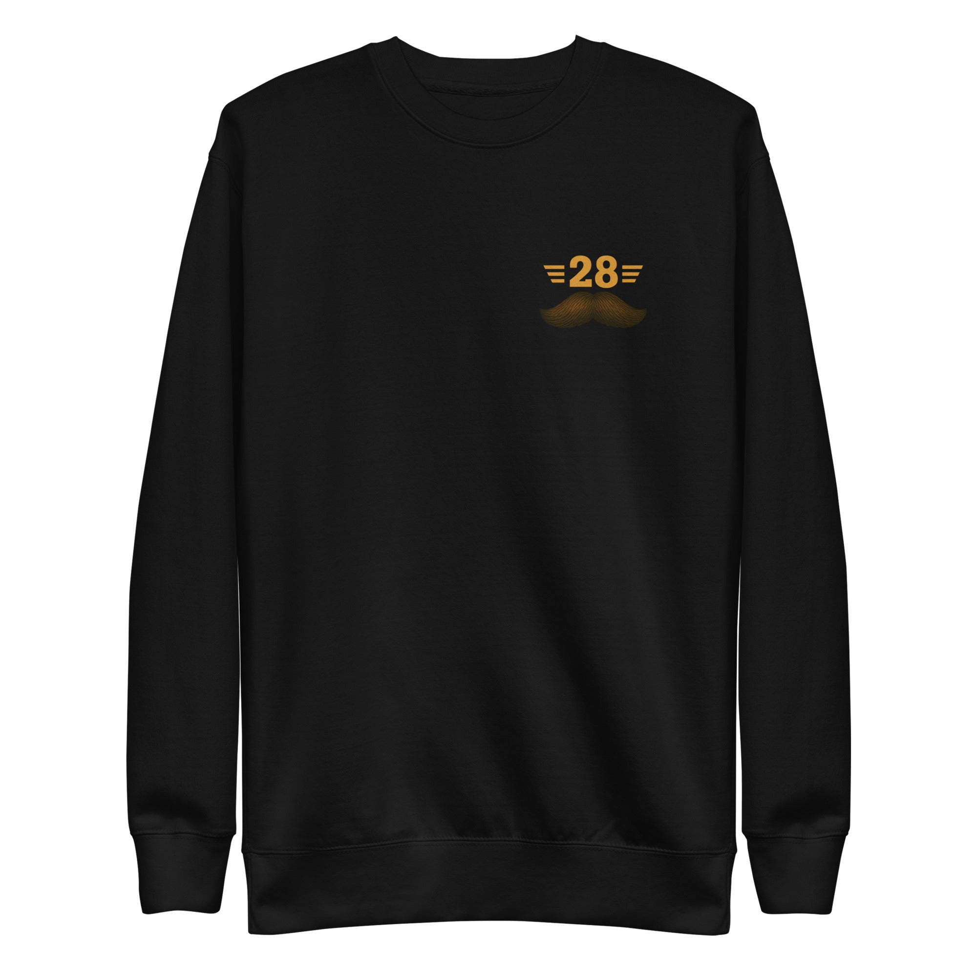 Black sweatshirt with a gold logo on a white background