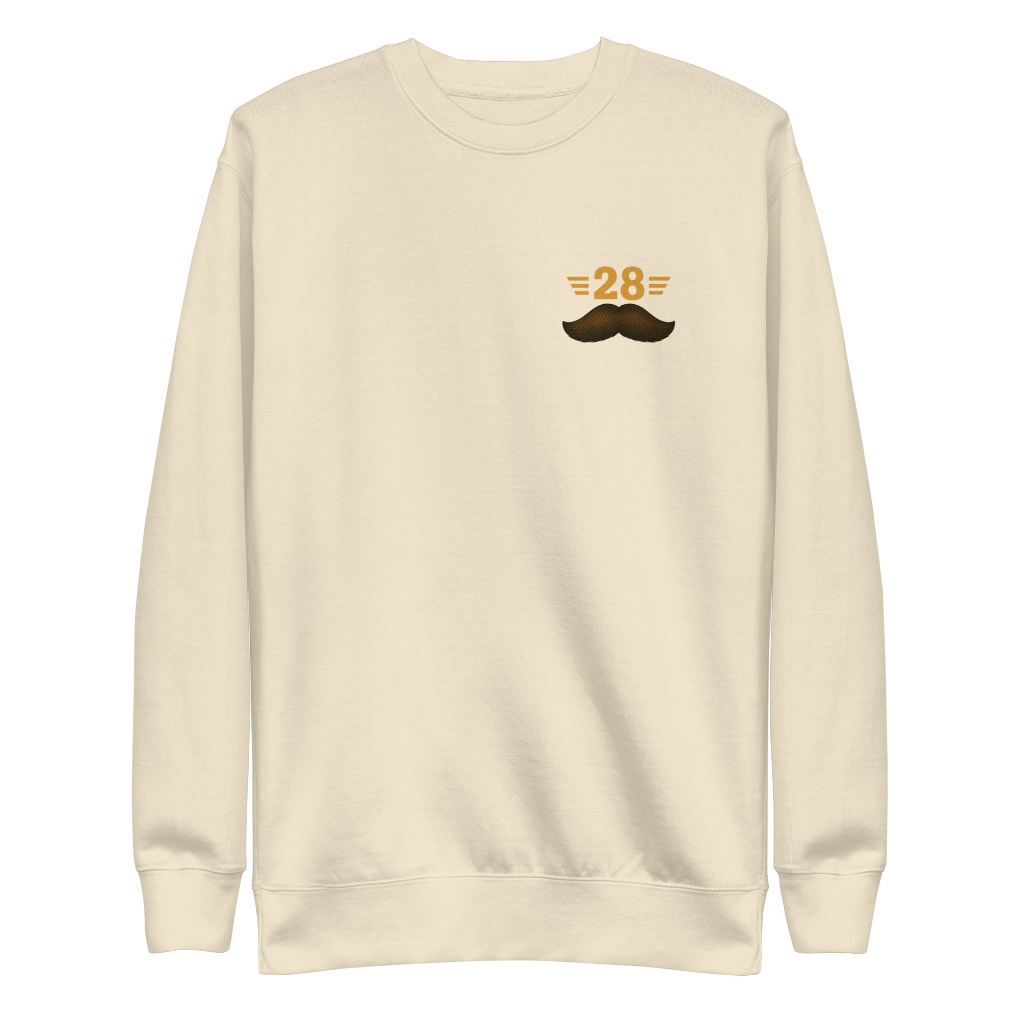 Beige sweatshirt with a mustache and number design on a white background