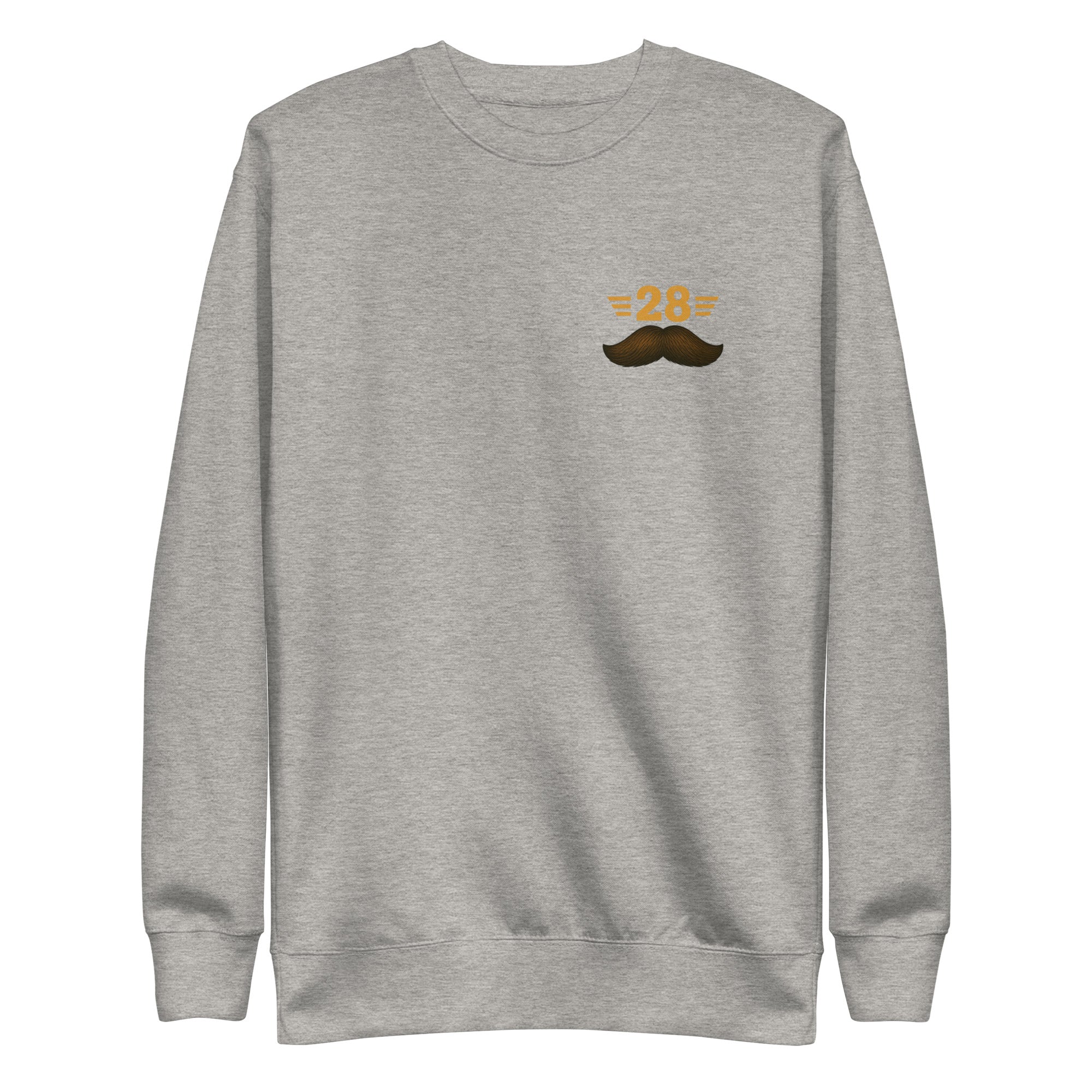Gray sweatshirt with a mustache graphic and text on a white background