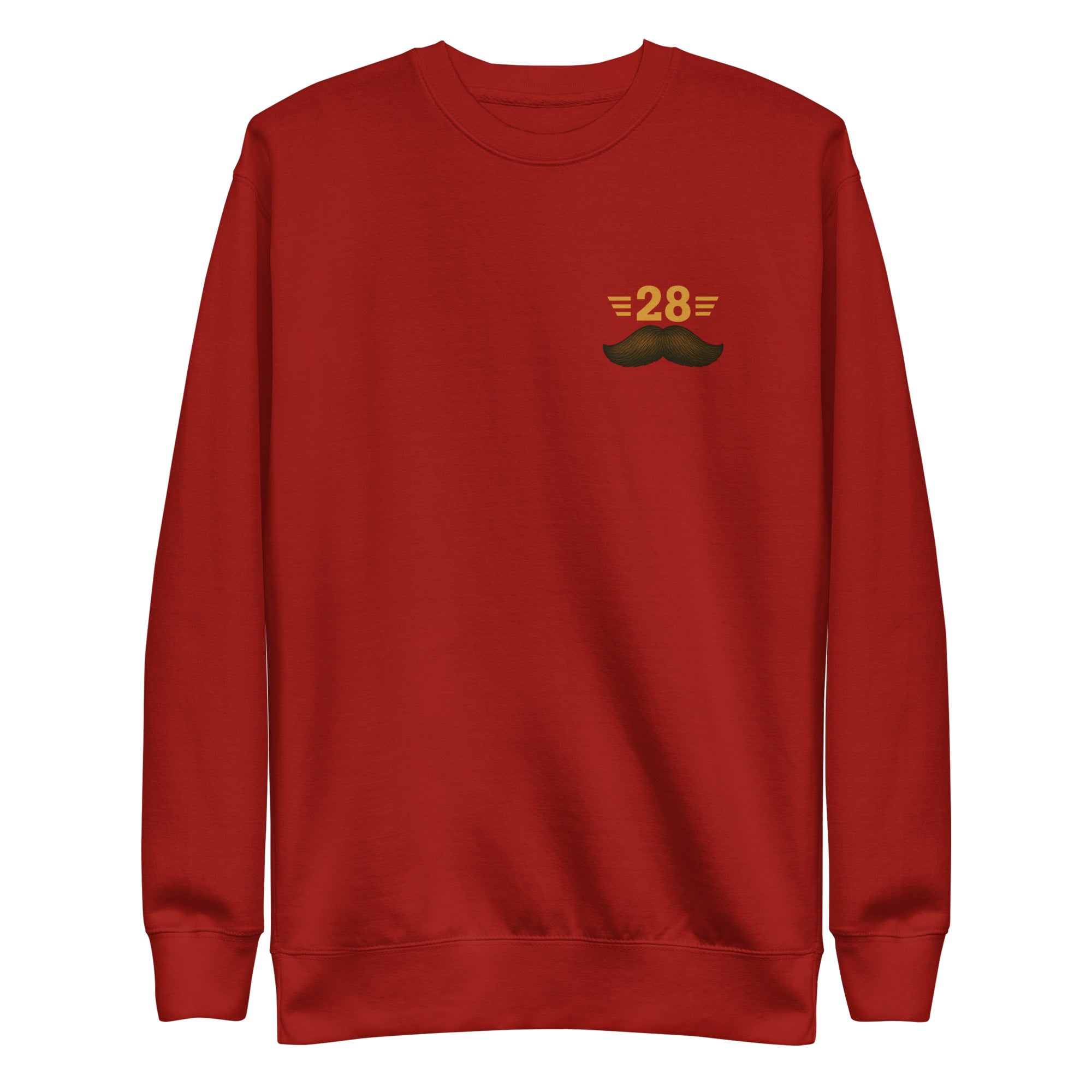 Red sweatshirt with a mustache and number 28 design on a white background