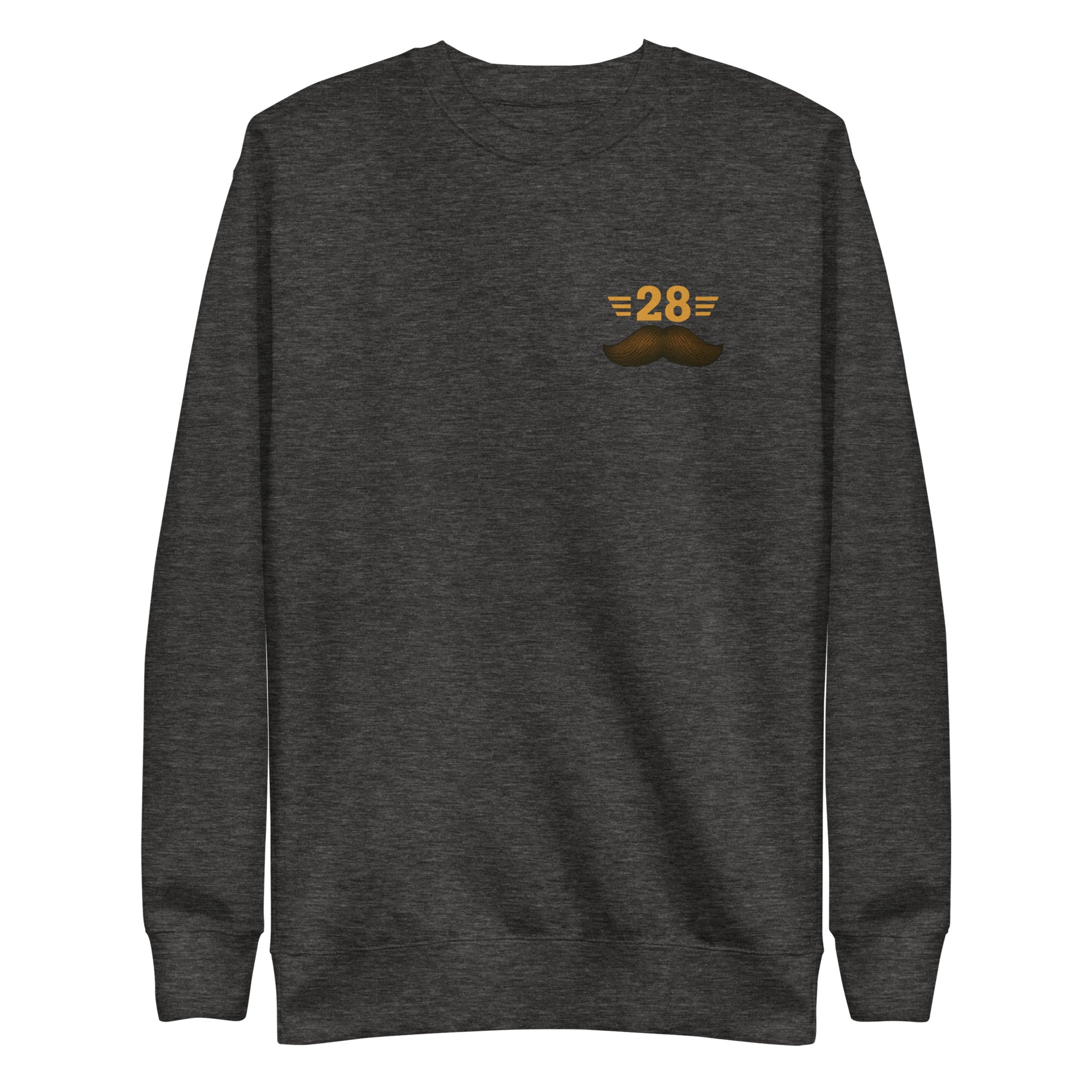 Dark gray sweatshirt with a small logo on the chest against a white background