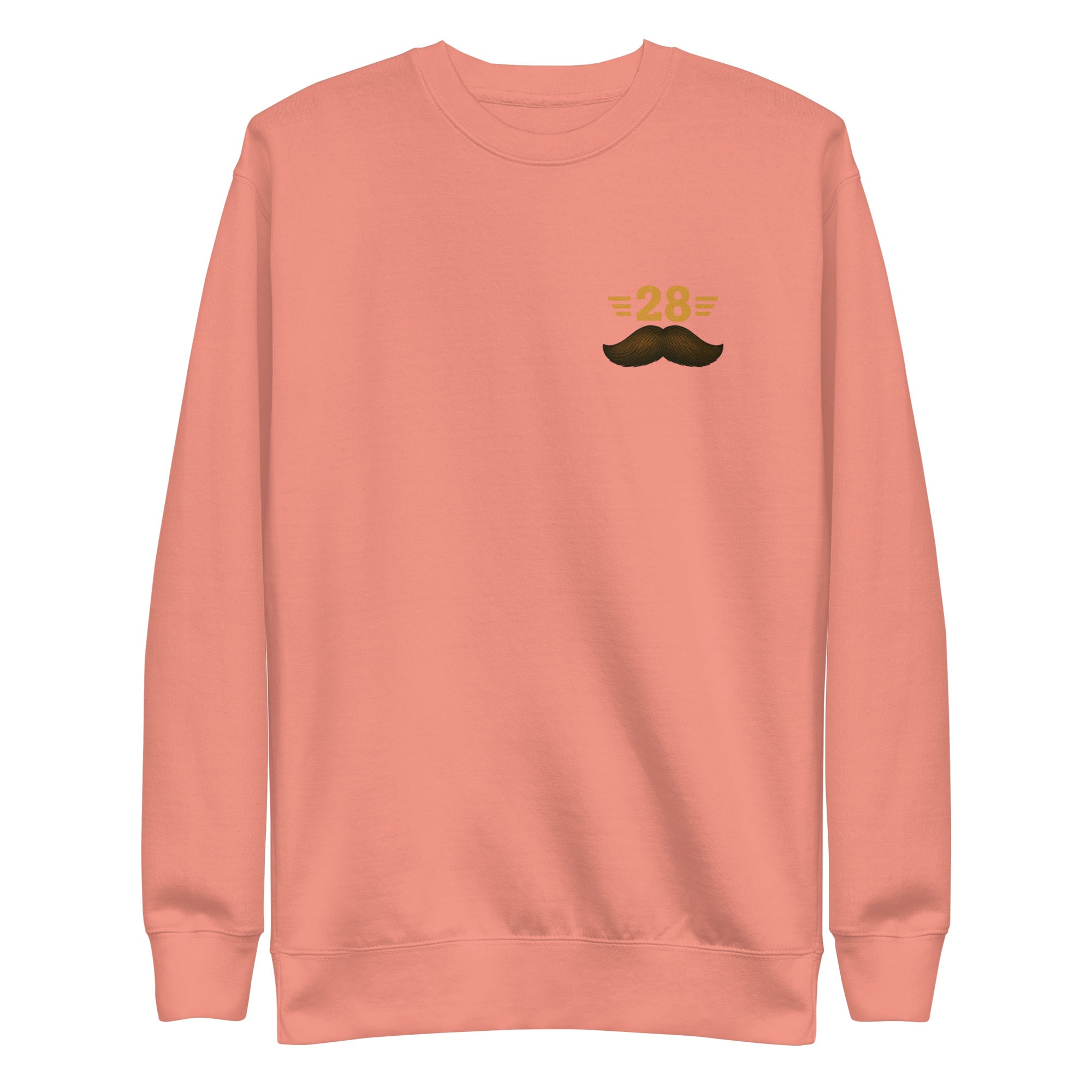 Peach-colored sweatshirt with a mustache design on a white background