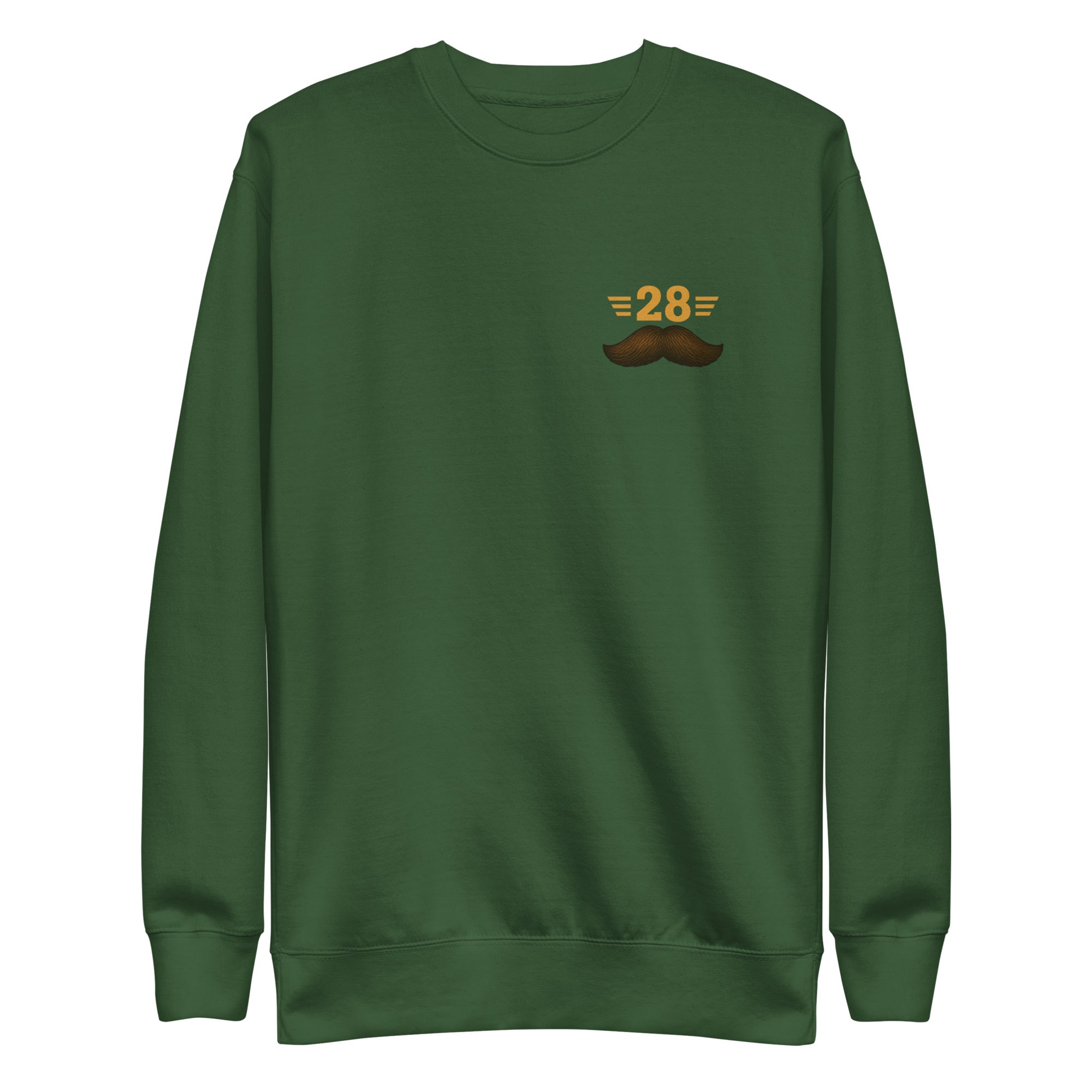 Green sweatshirt with a mustache and number 28 design on a white background