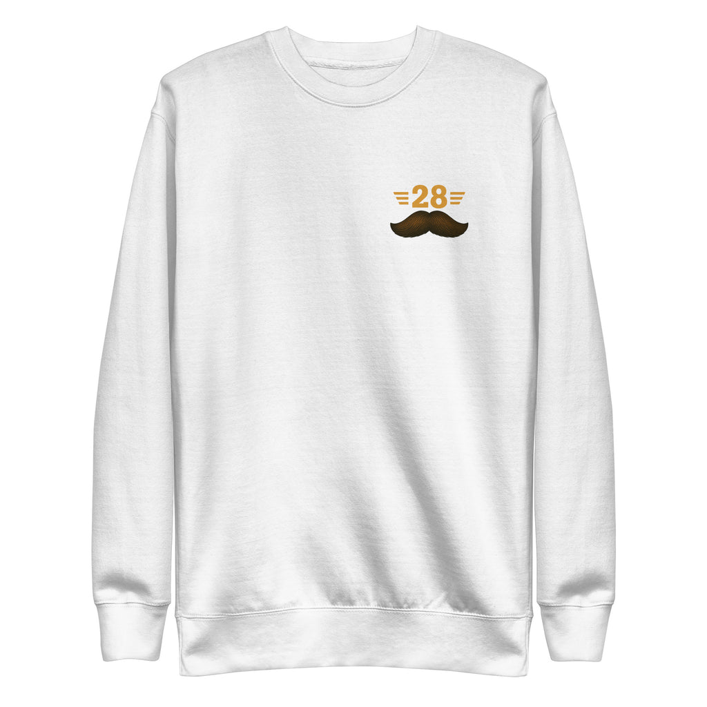 White sweatshirt with a mustache and number design on a white background
