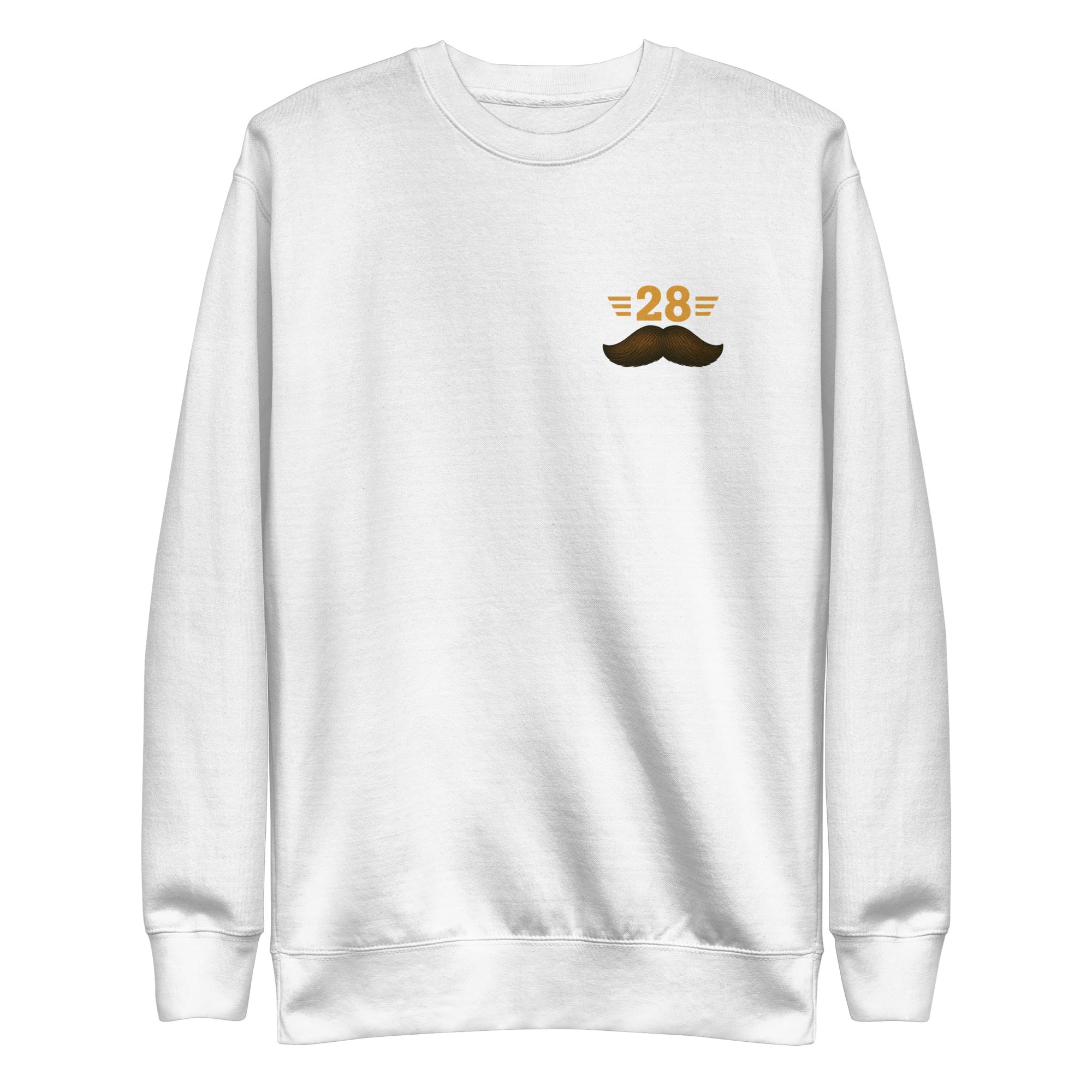 White sweatshirt with a mustache and number design on a white background
