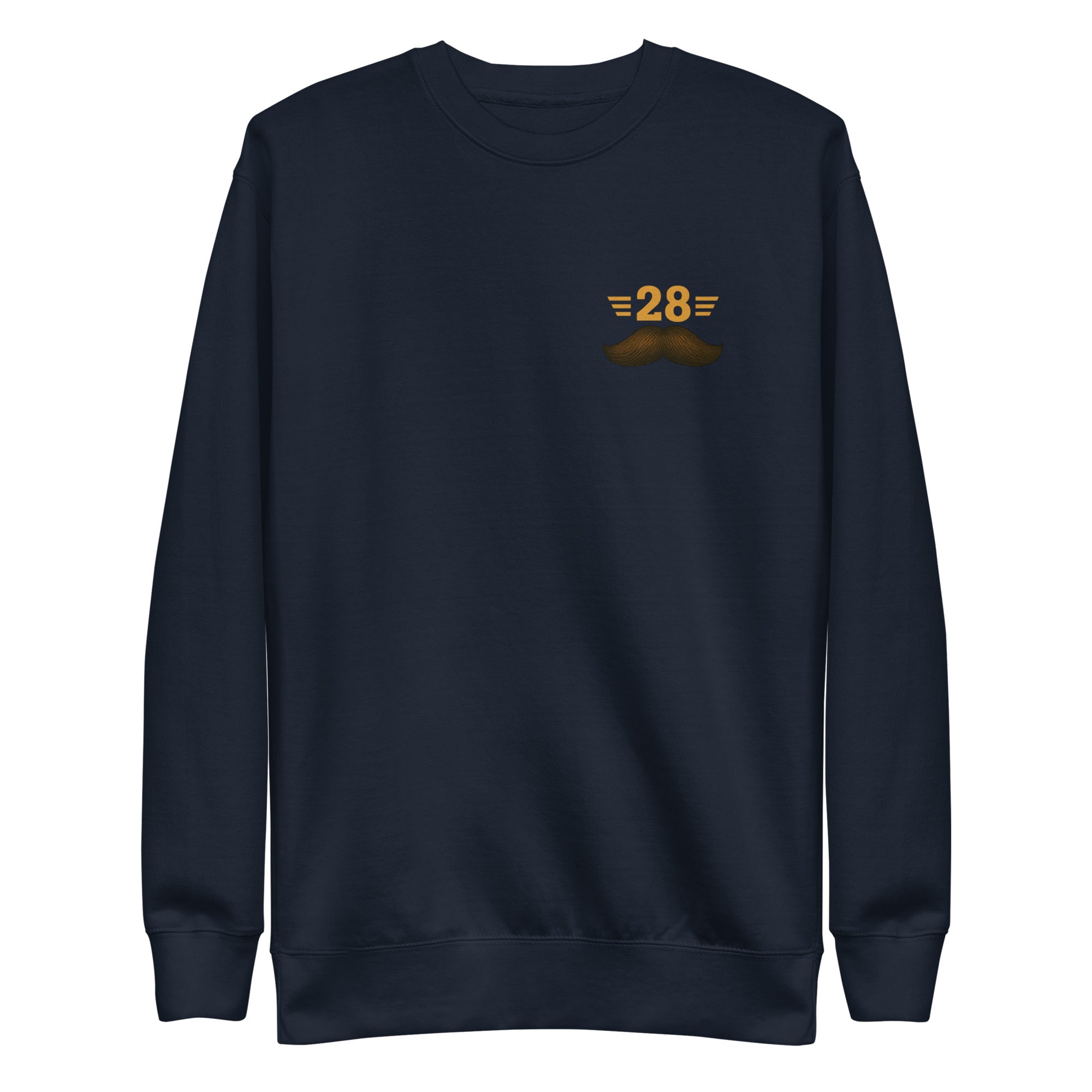 Navy blue sweatshirt with a logo on the chest against a white background