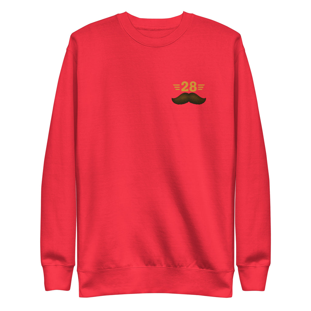 Red sweatshirt with a mustache graphic and '2B' text on a white background