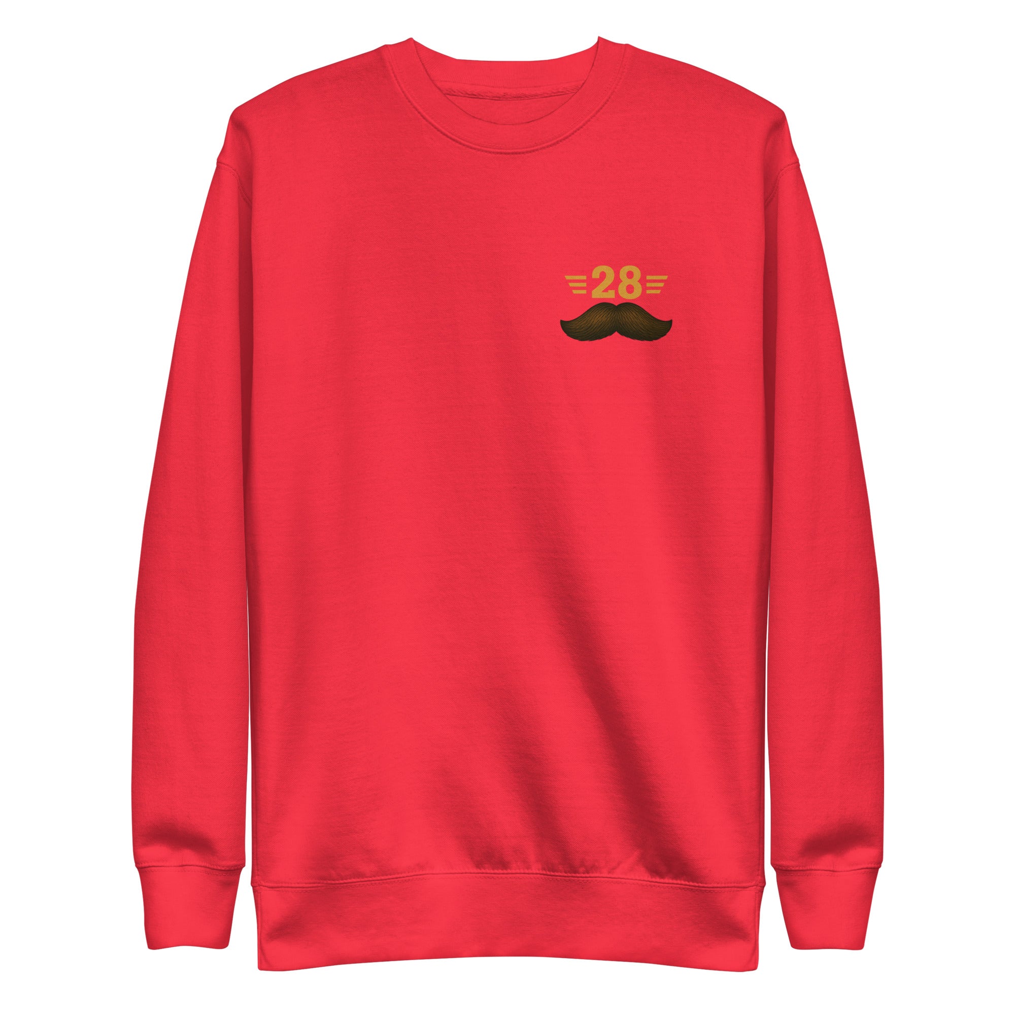 Red sweatshirt with a mustache graphic and '2B' text on a white background