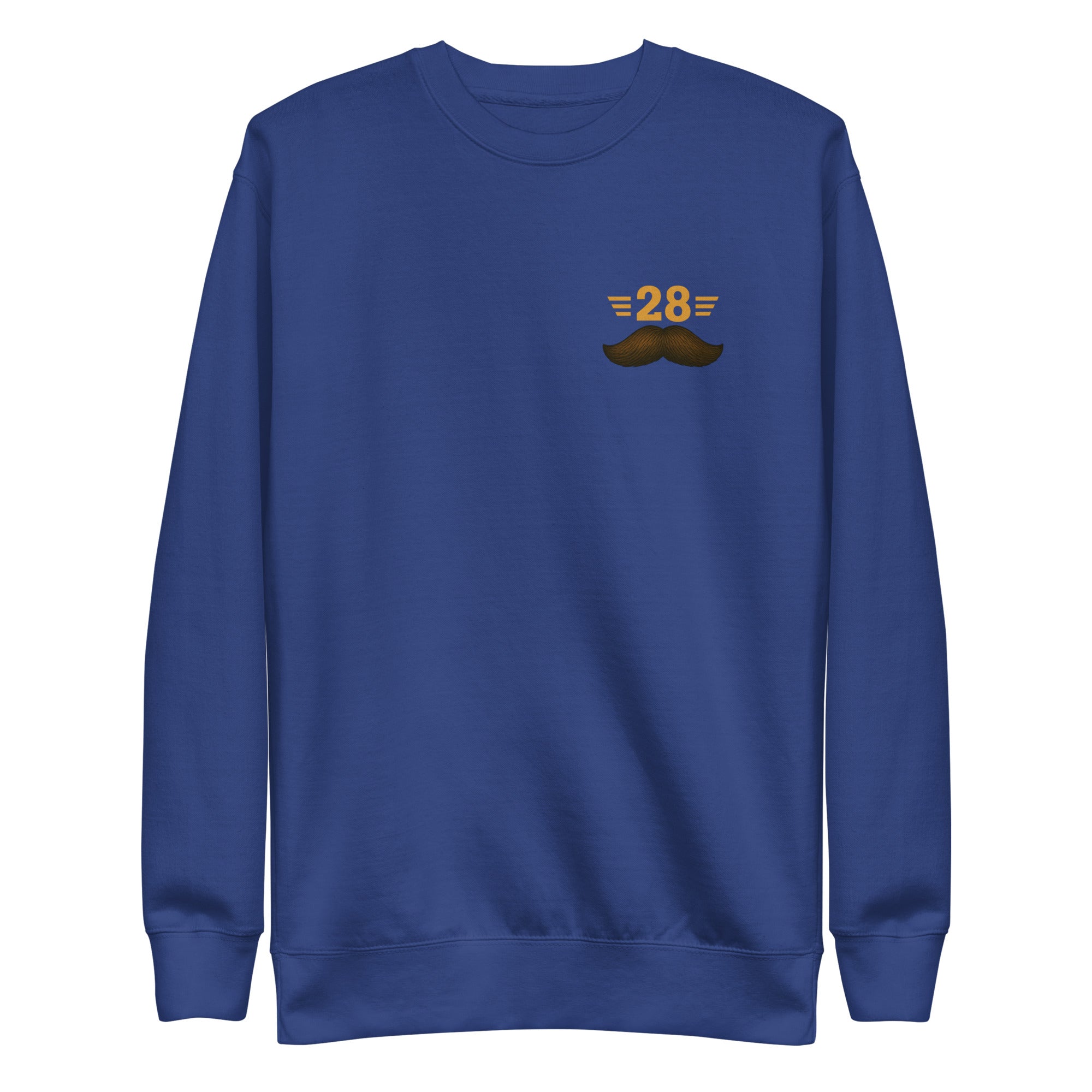 Blue sweatshirt with a mustache and number design on a white background
