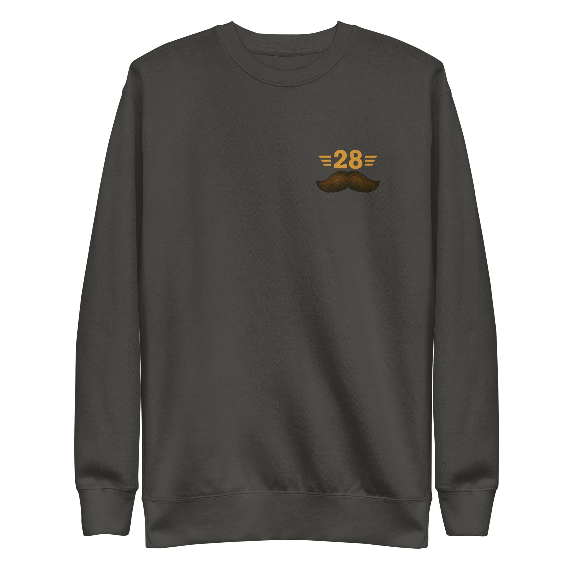 Dark gray sweatshirt with a small logo on the chest against a white background