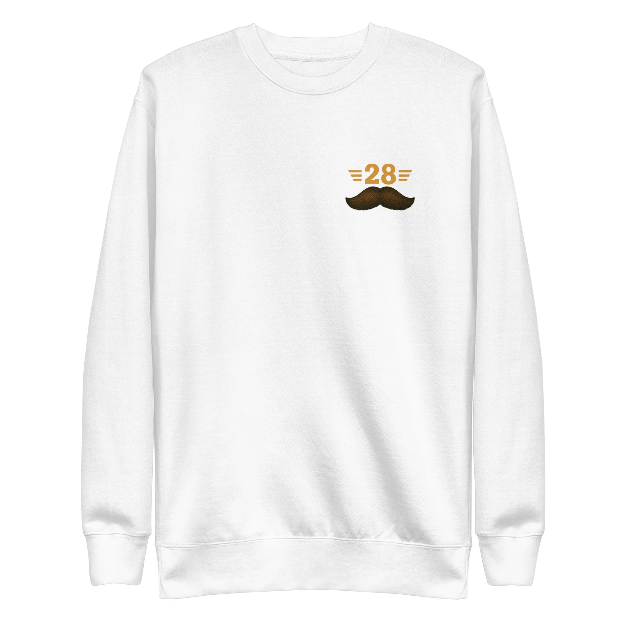 White sweatshirt with a mustache and number design on a white background