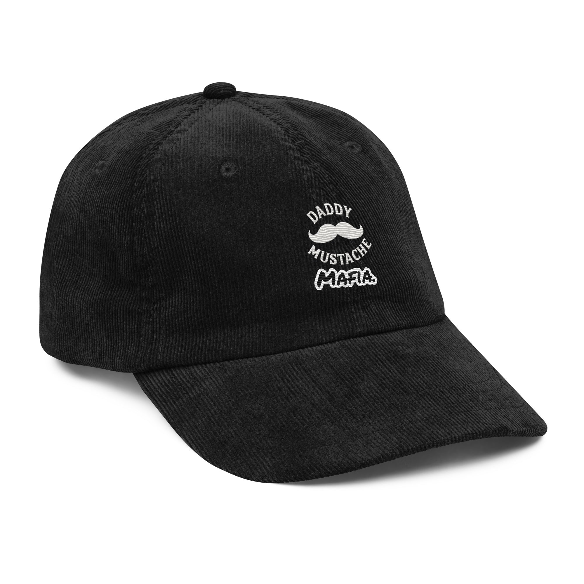 Black cap with 'Daddy Mustache Mama' text on a white background