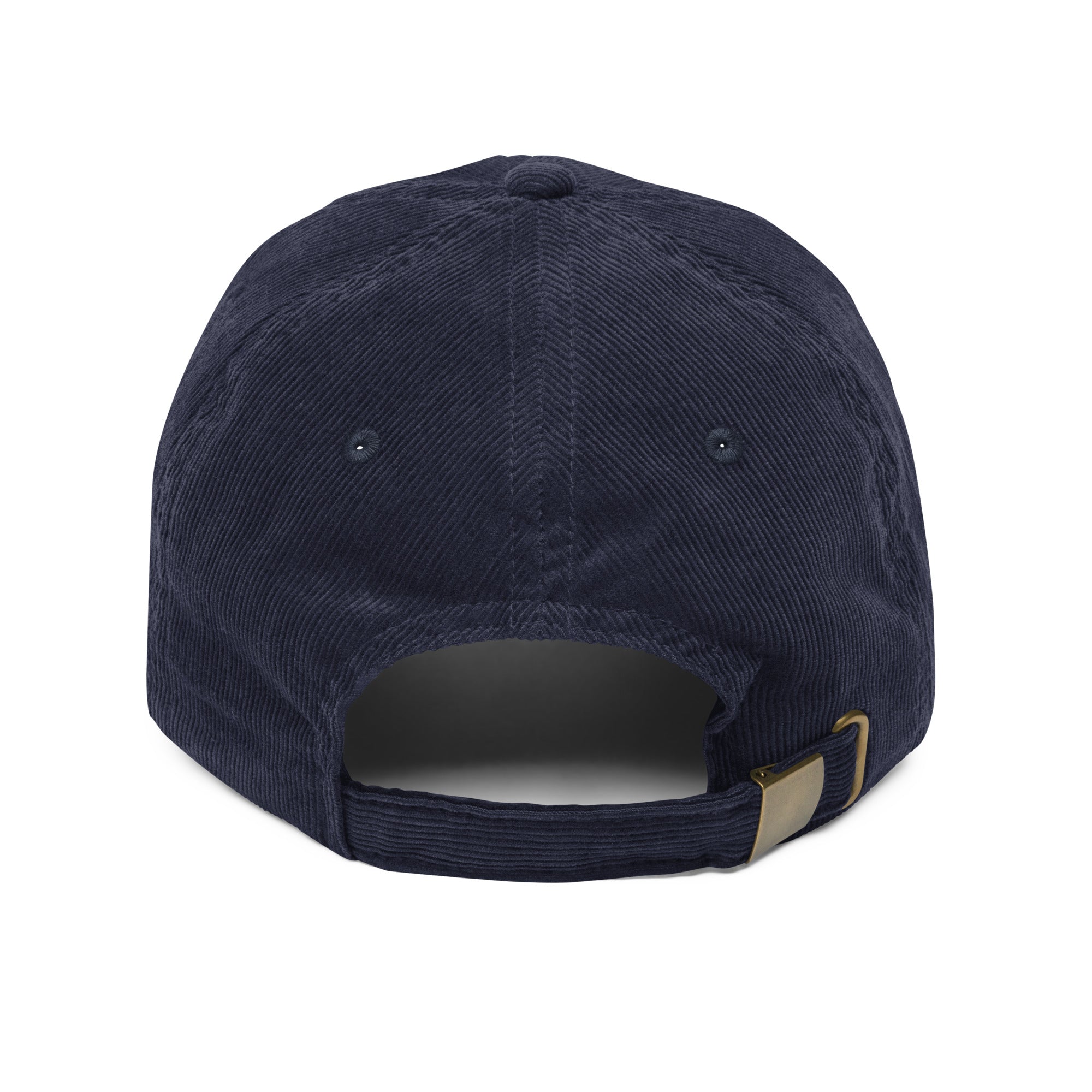 Navy blue cap with a gold tag on a white background