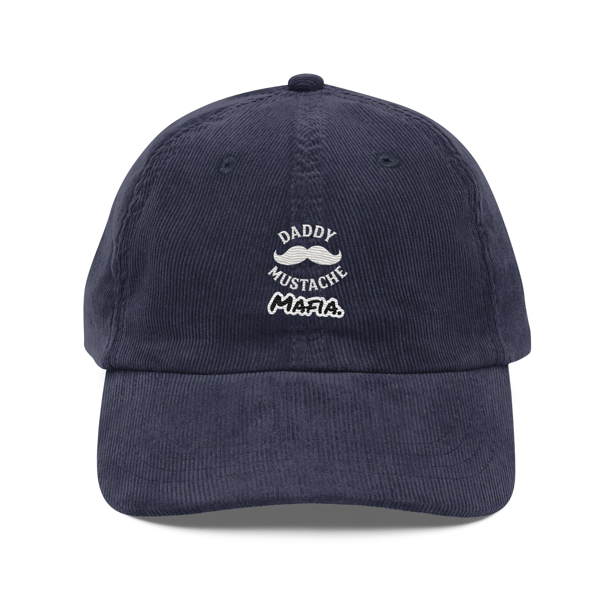 Navy blue cap with 'Daddy Mustache Mafia' text on a white background