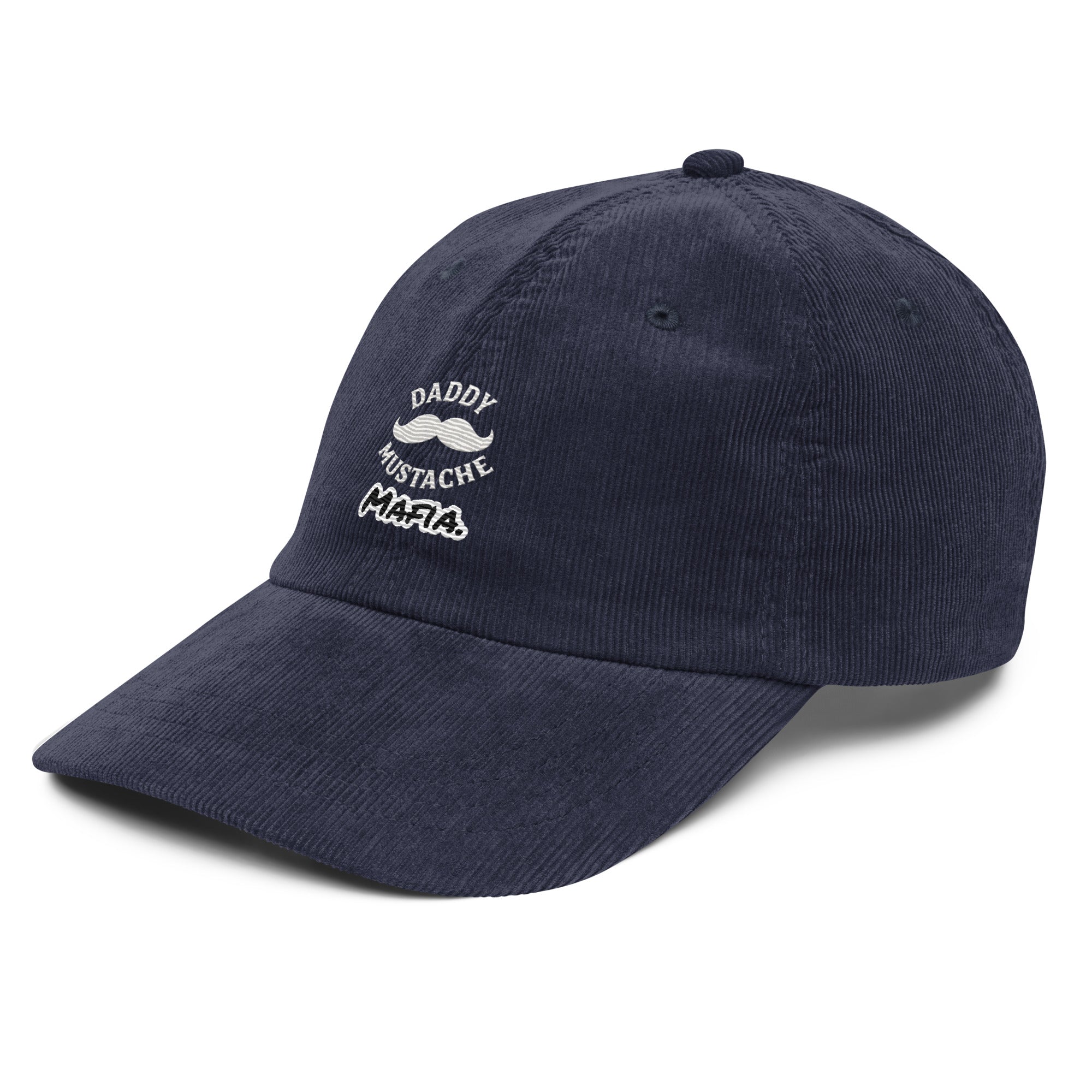 Navy blue cap with 'Daddy Mustache Mafia' text on a white background