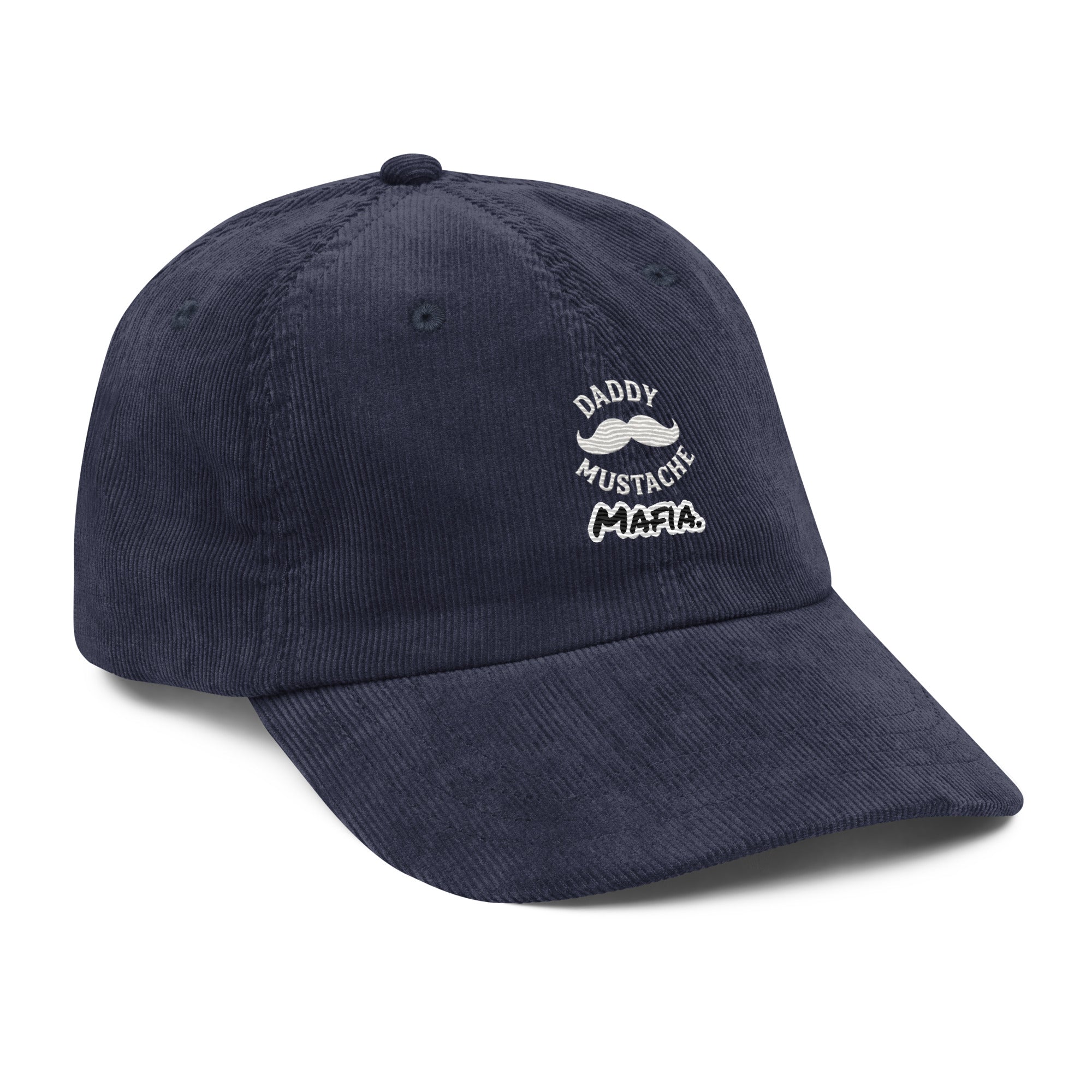 Navy blue cap with white text on a white background