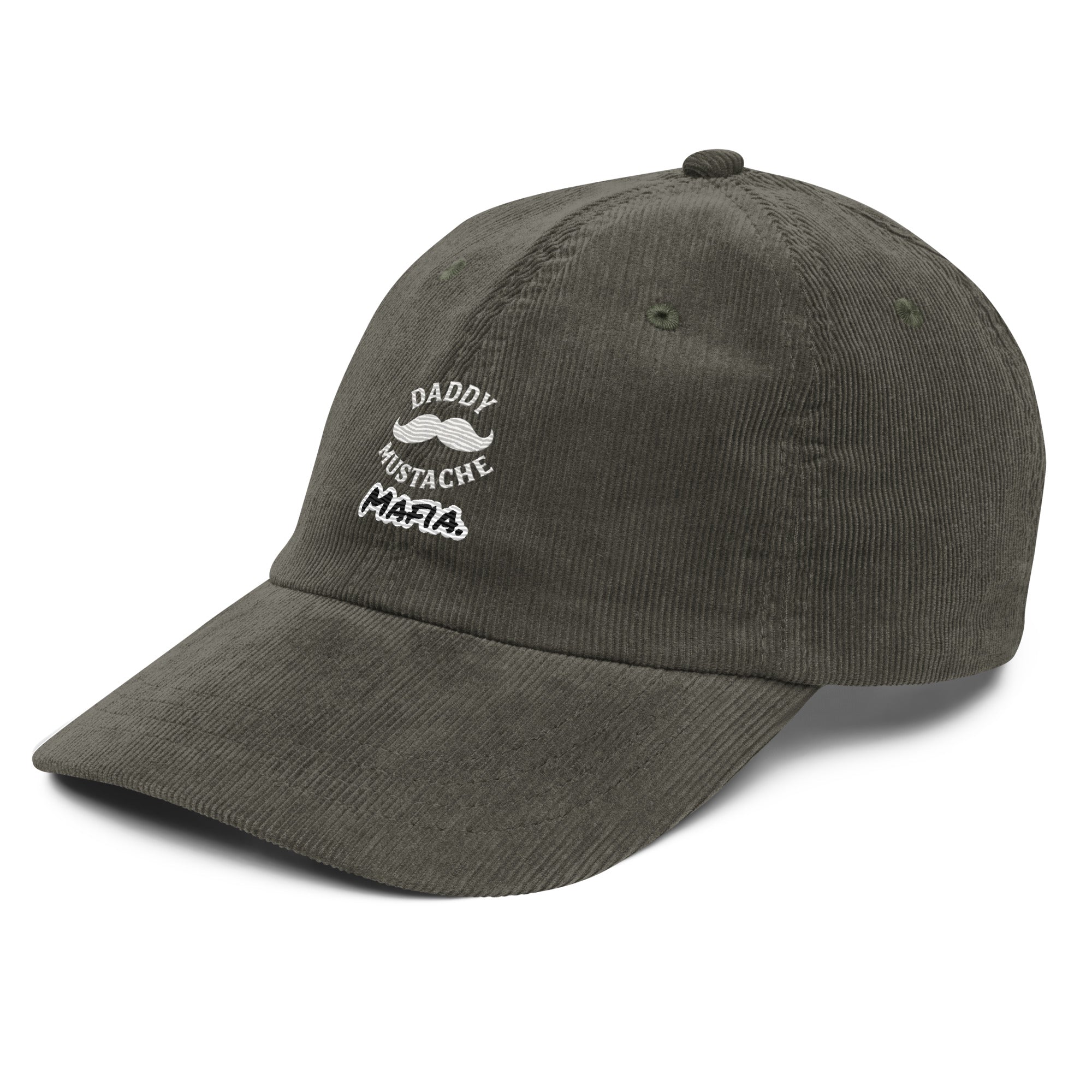Dark gray cap with 'Daddy Mustache Mafia' text on a white background