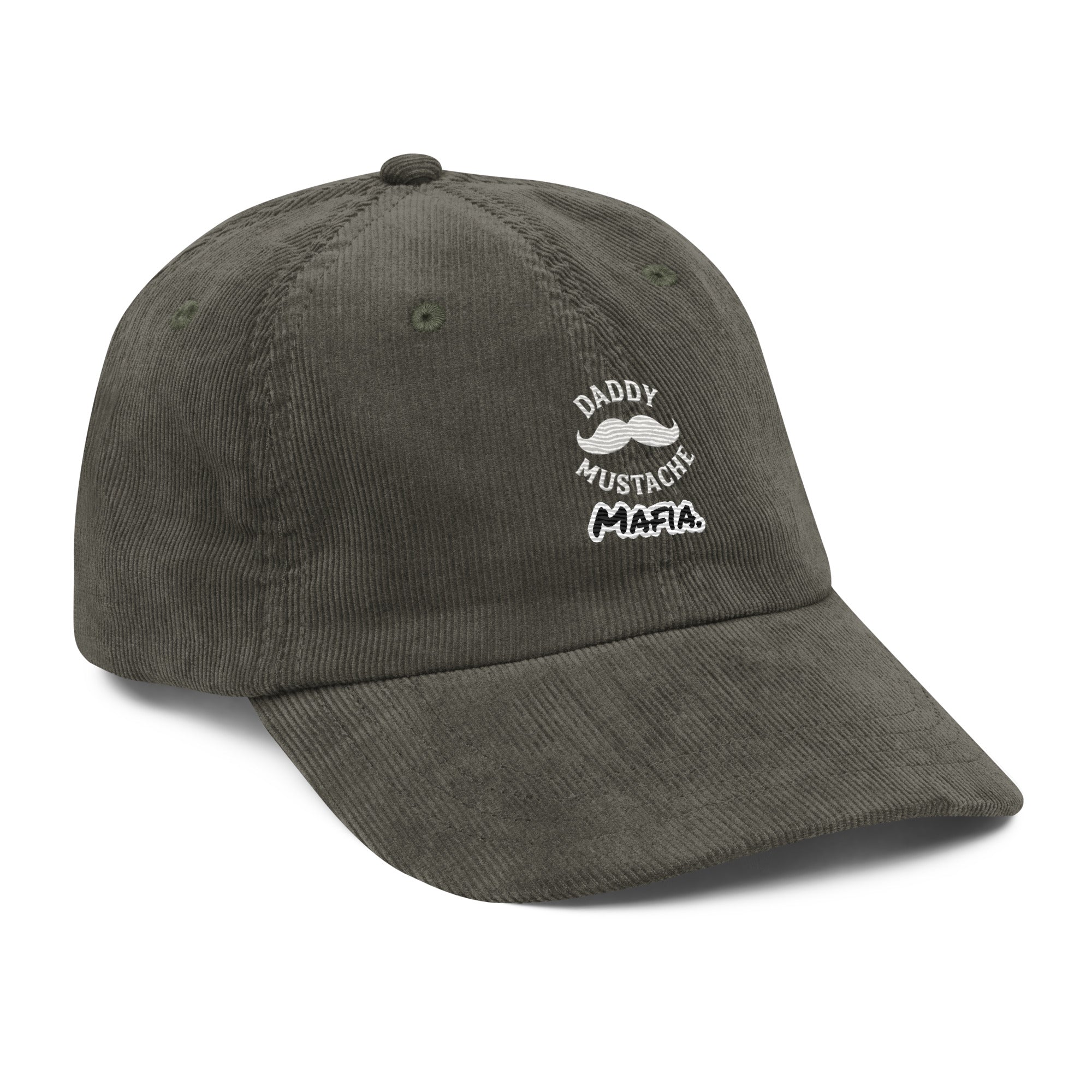 Dark gray cap with 'Daddy Mustache Mafia' text on a white background