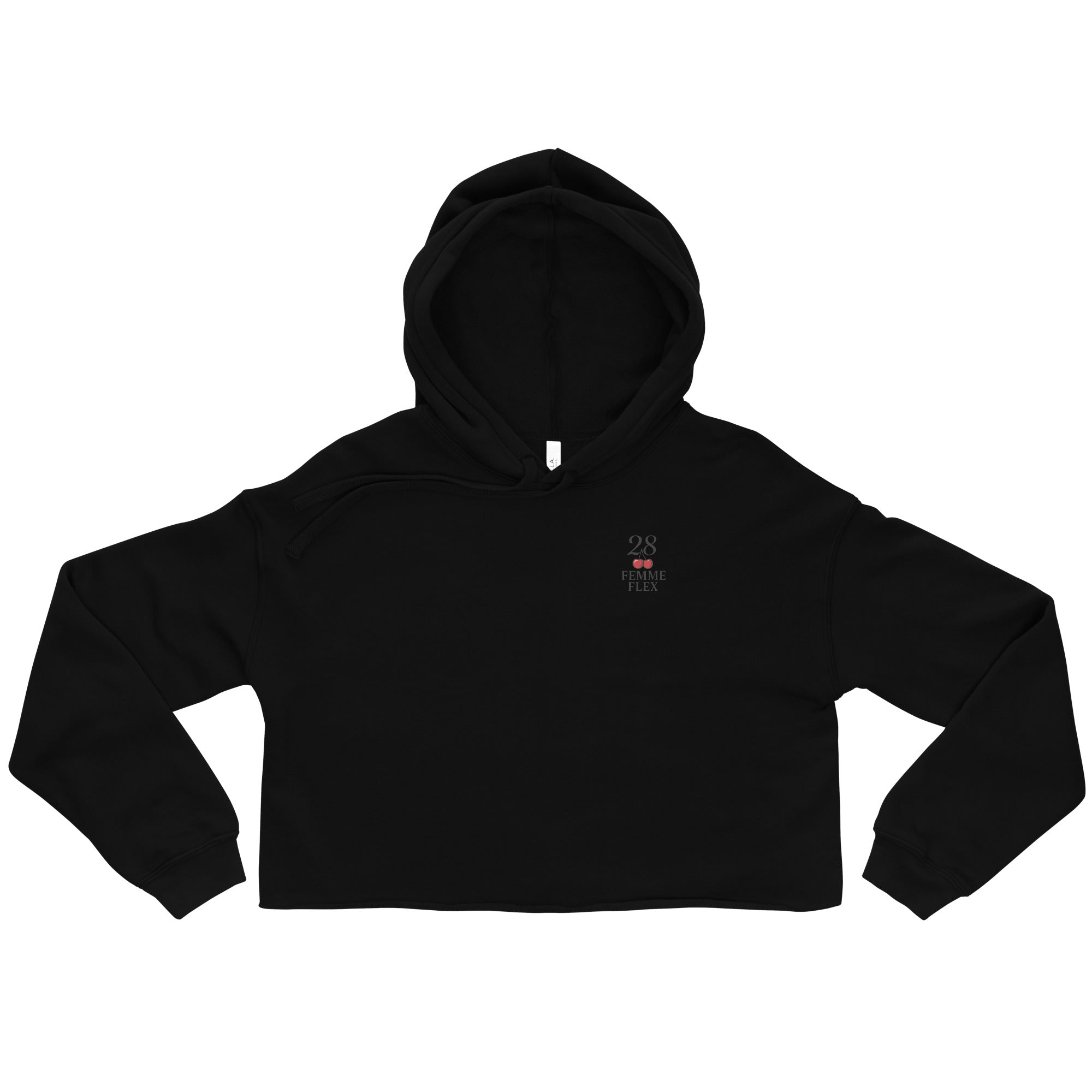 Black cropped hoodie with a small logo on a white background