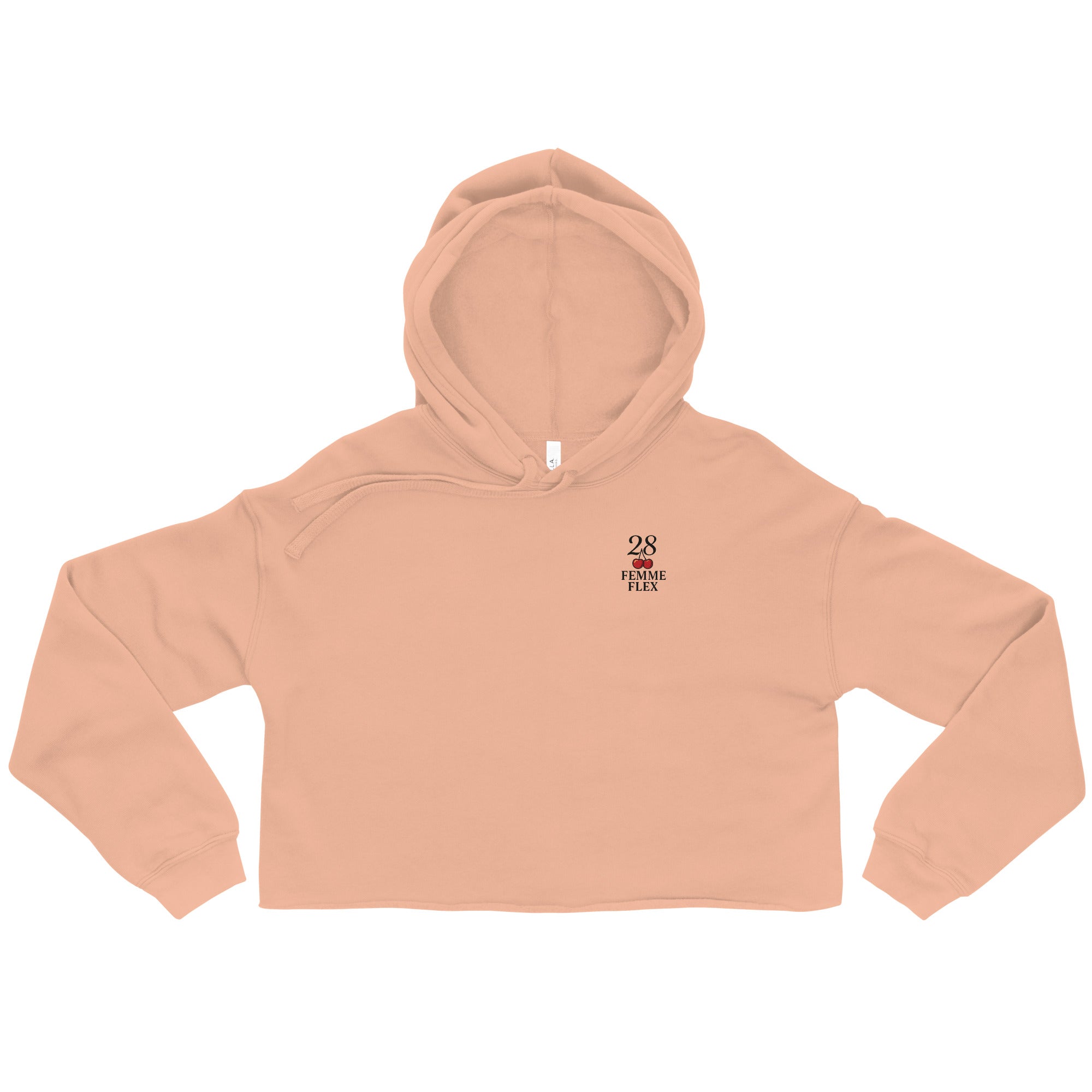 Beige cropped hoodie with a small logo on a white background