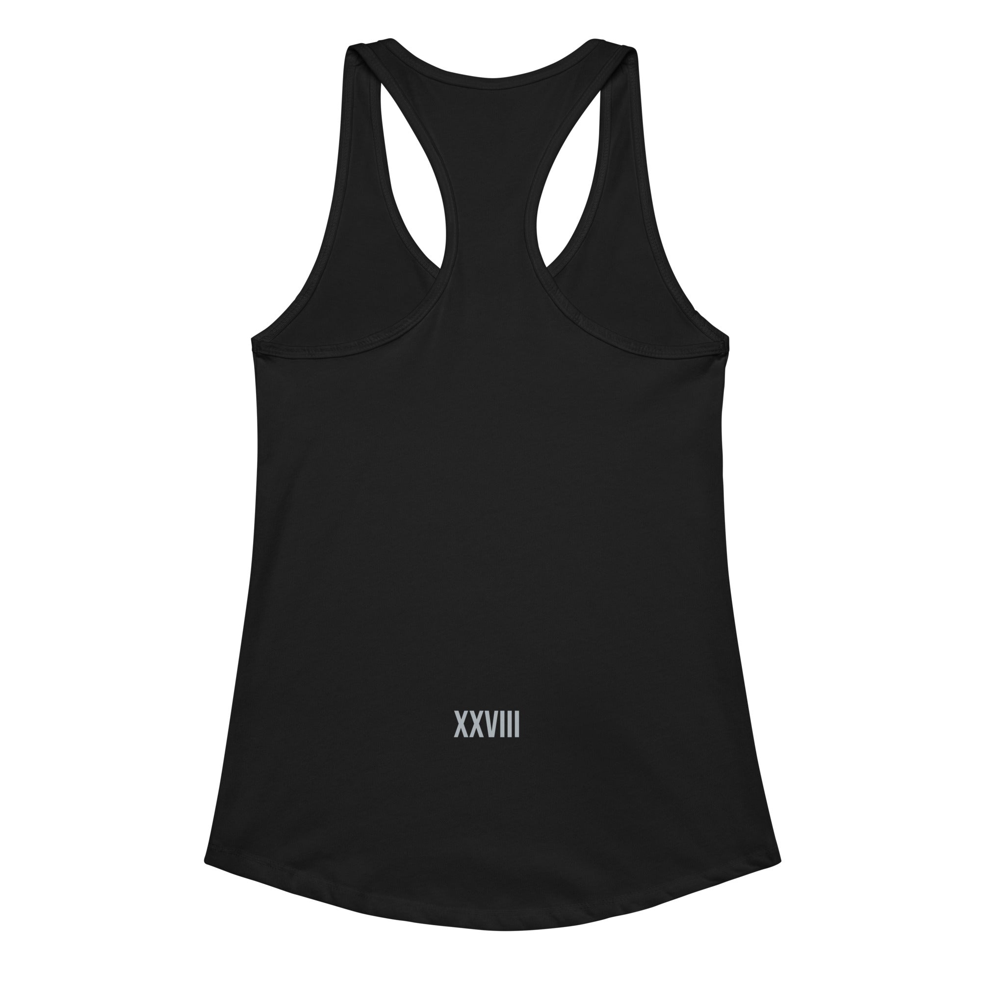 Black tank top with 'XXVIII' logo on a white background