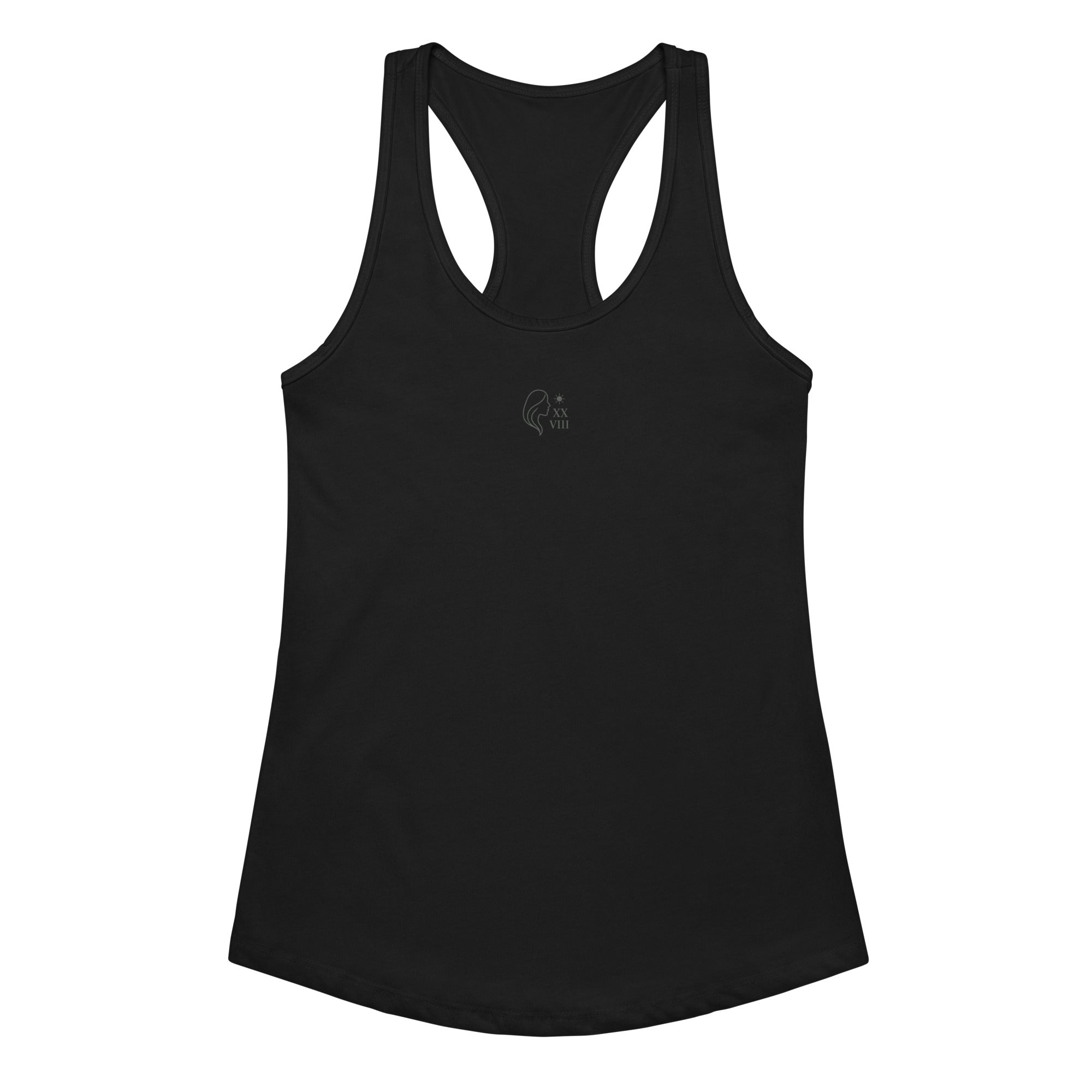 Black tank top with a small logo on a white background