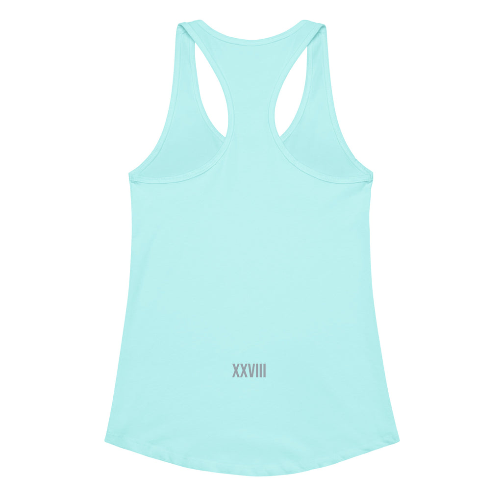 Light blue tank top with 'XXVIII' print on a white background