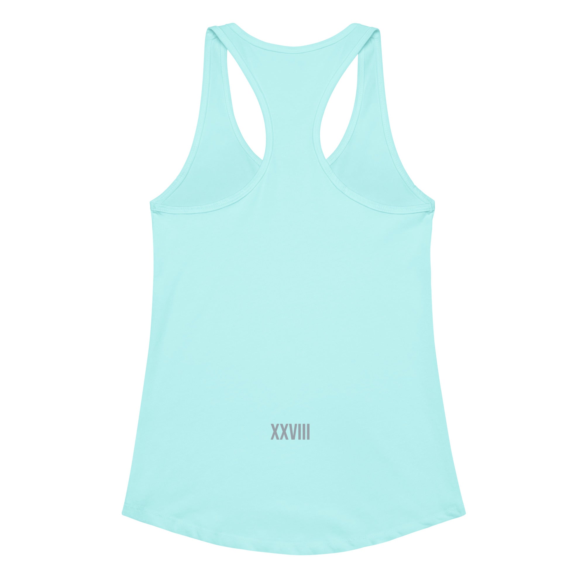 Light blue tank top with 'XXVIII' print on a white background