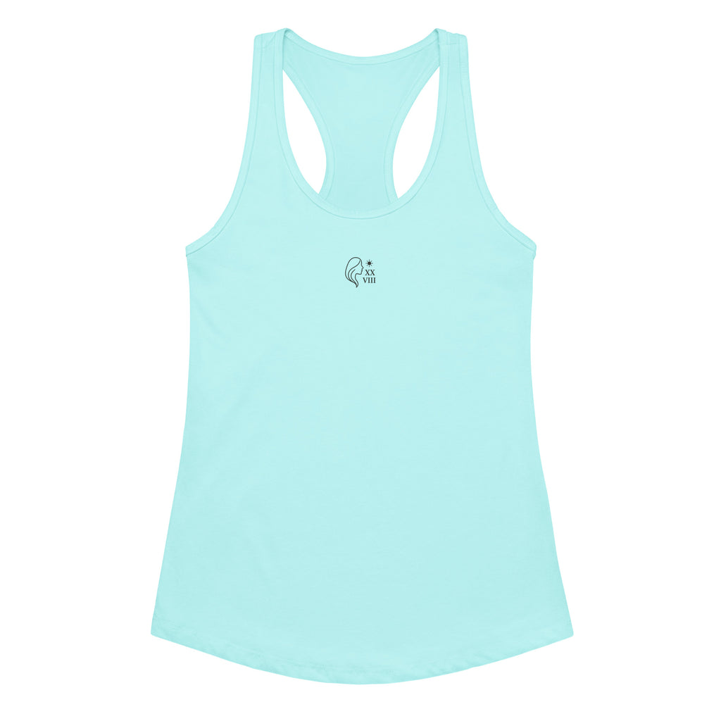 Light blue tank top with a small logo on a white background