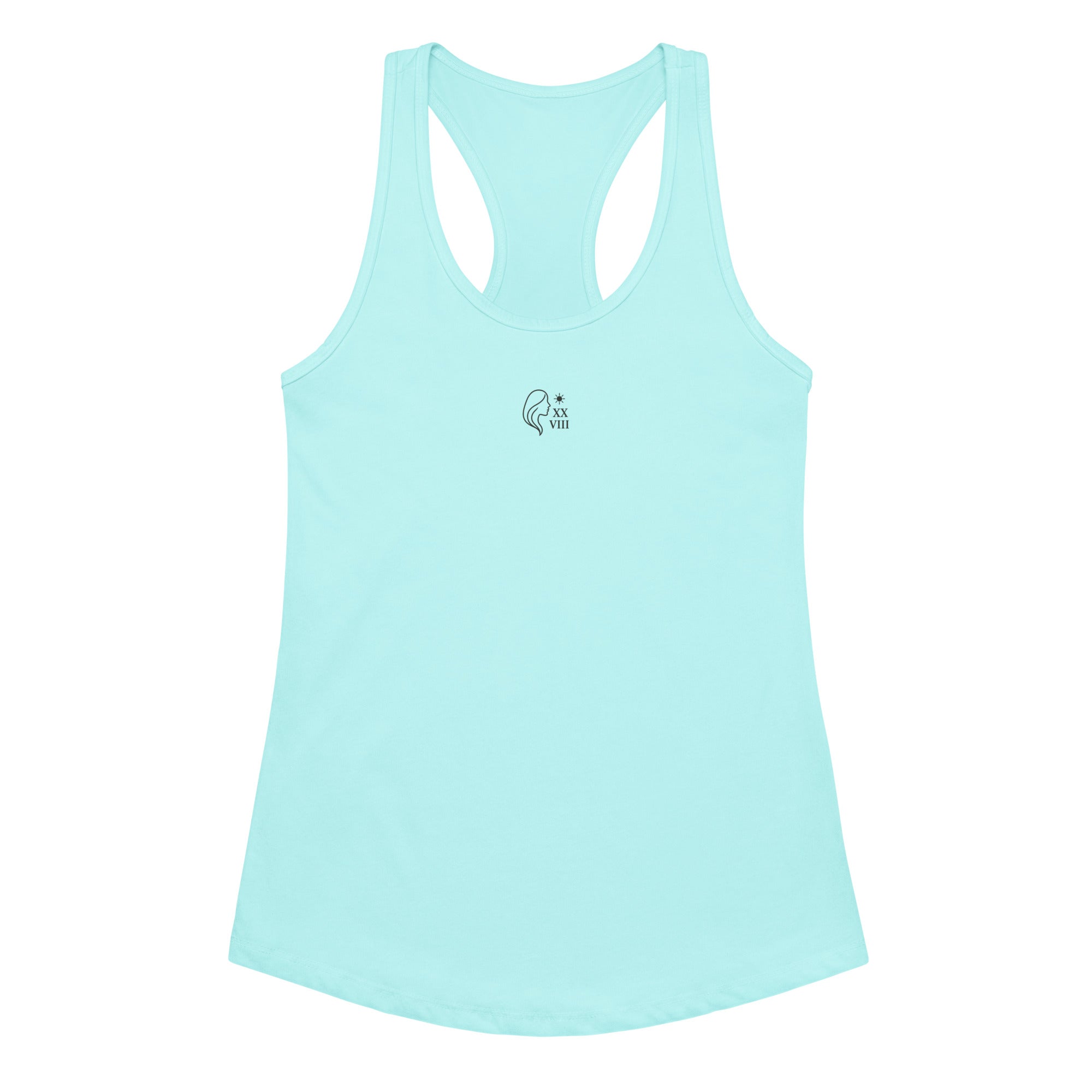Light blue tank top with a small logo on a white background