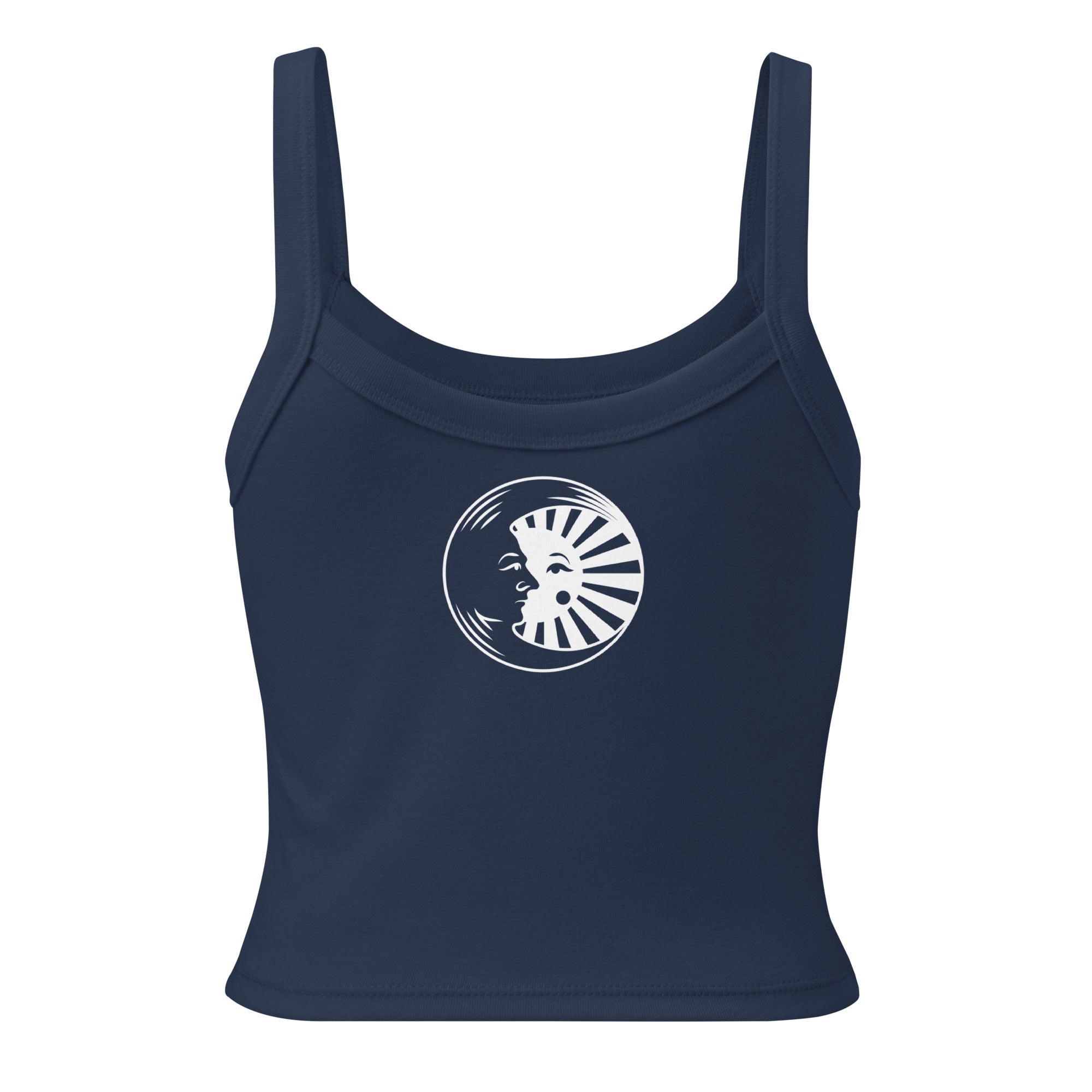 Navy blue tank top with a white graphic design on a white background