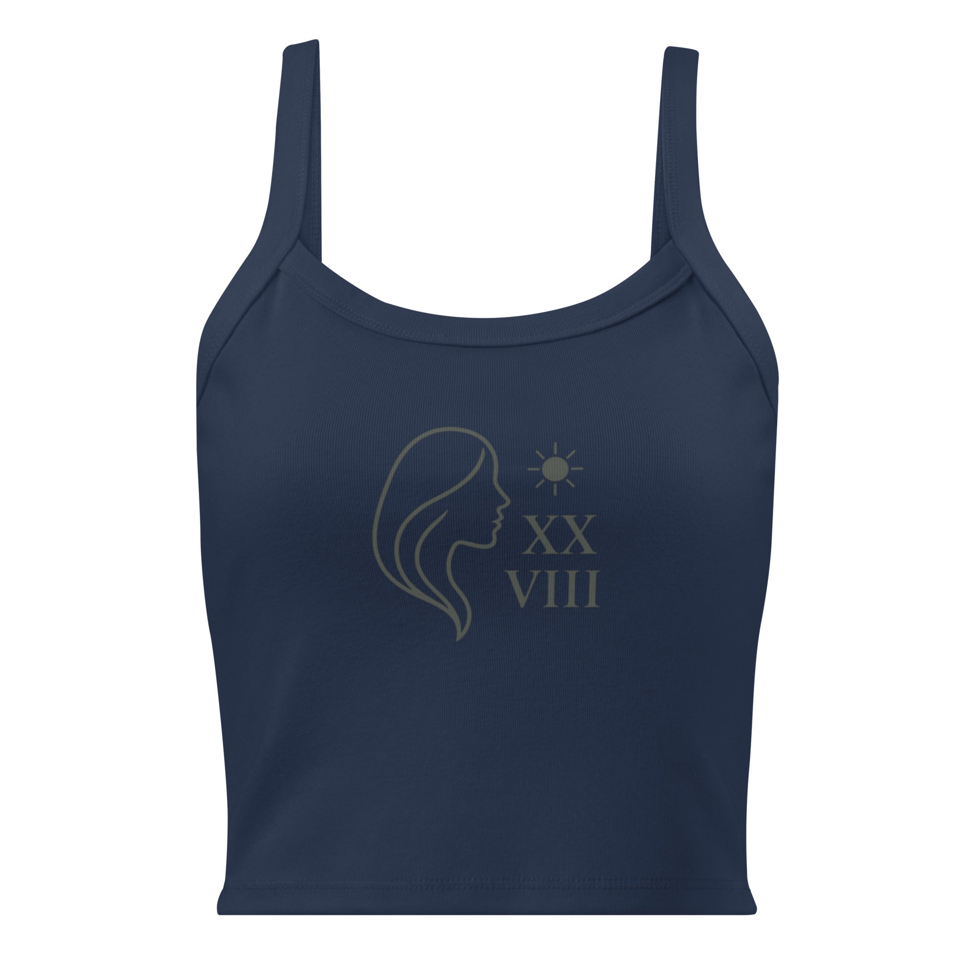 Navy blue tank top with a graphic design on a white background